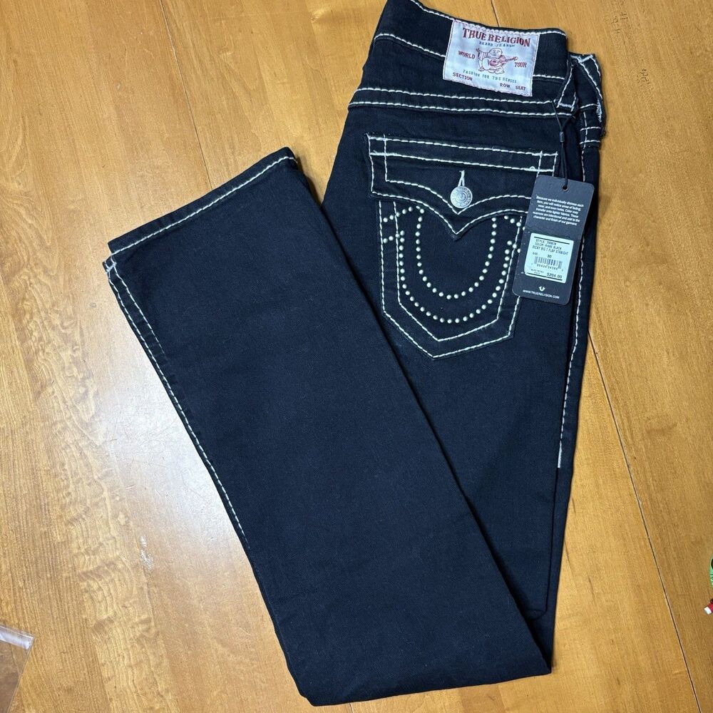 New True Religion World Tour Ricky Men’s Straight Jeans Black Big T Flap  $204